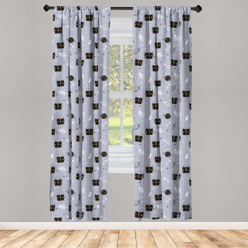 Ambesonne Outer Space Window Curtains  Astronaut Cats Exploring The Universe on Dotted Background  Lightweight Decor 2-Panel Set with Rod Pocket  Pair of - 28"" x 63""  Purple Grey - Image 2