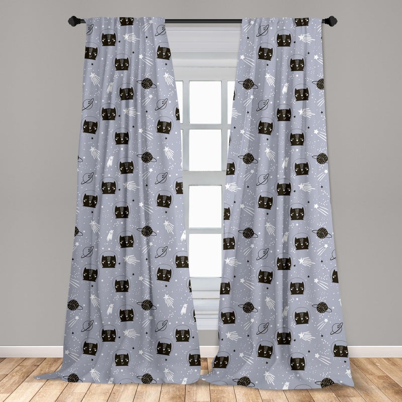 Ambesonne Outer Space Window Curtains  Astronaut Cats Exploring The Universe on Dotted Background  Lightweight Decor 2-Panel Set with Rod Pocket  Pair of - 28"" x 63""  Purple Grey - Image 3