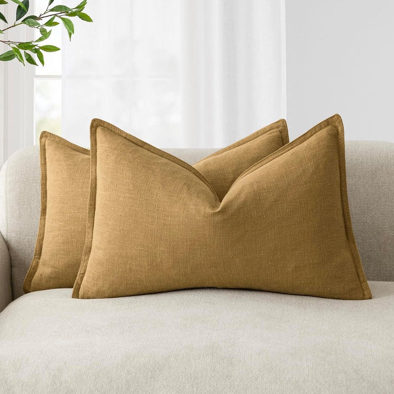Foindtower Decorative Cushion Covers, Pack of 2, Plain Colour, Soft Linen, Bohemian and Rustic Style, for Sofa, Bedroom, Living Room, Home Decor, 30.5 x 50.8 cm, Honey Mustard - Image 1