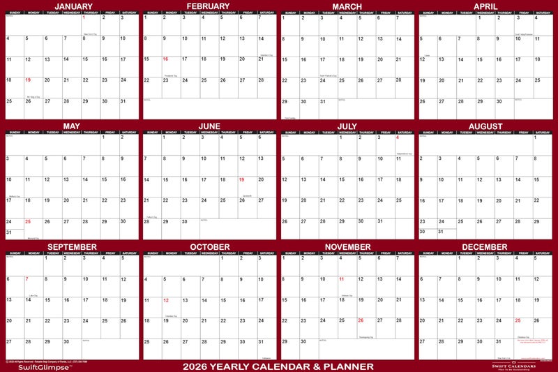Swiftmaps 24" x 36" SwiftGlimpse 2026 Wall Calendar, Paper Folded, 12 Month Annual Yearly Wall Planner, Reversible, Horizontal/Vertical, Maroon - Image 2