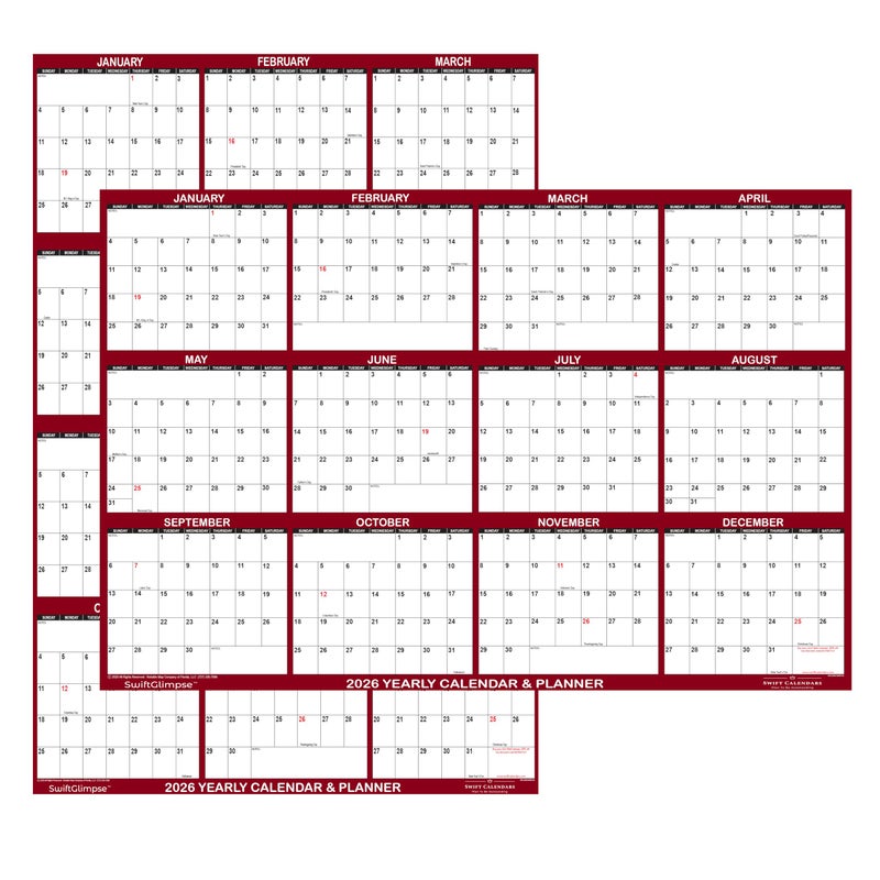 Swiftmaps 24" x 36" SwiftGlimpse 2026 Wall Calendar, Paper Folded, 12 Month Annual Yearly Wall Planner, Reversible, Horizontal/Vertical, Maroon - Image 1