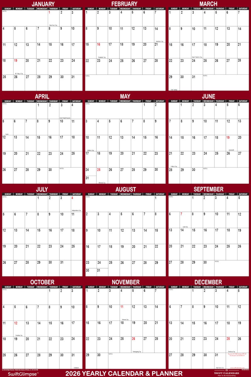 Swiftmaps 24" x 36" SwiftGlimpse 2026 Wall Calendar, Paper Folded, 12 Month Annual Yearly Wall Planner, Reversible, Horizontal/Vertical, Maroon - Image 3