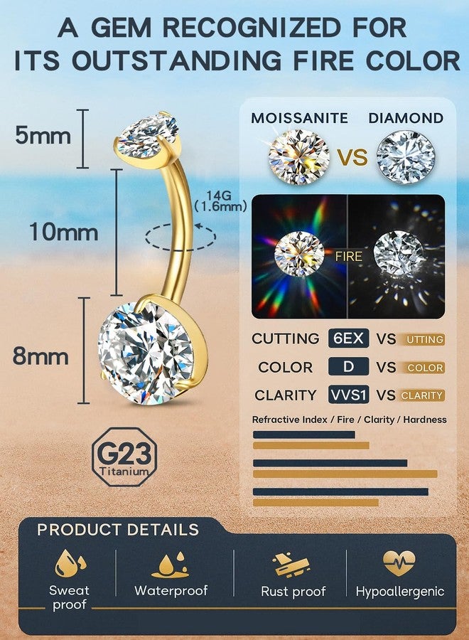 VOJO Moissanite Belly Button Ring, Titanium Navel Piercing Bar with Internally Threaded Barbell for Women (Yellow Gold) - Image 2