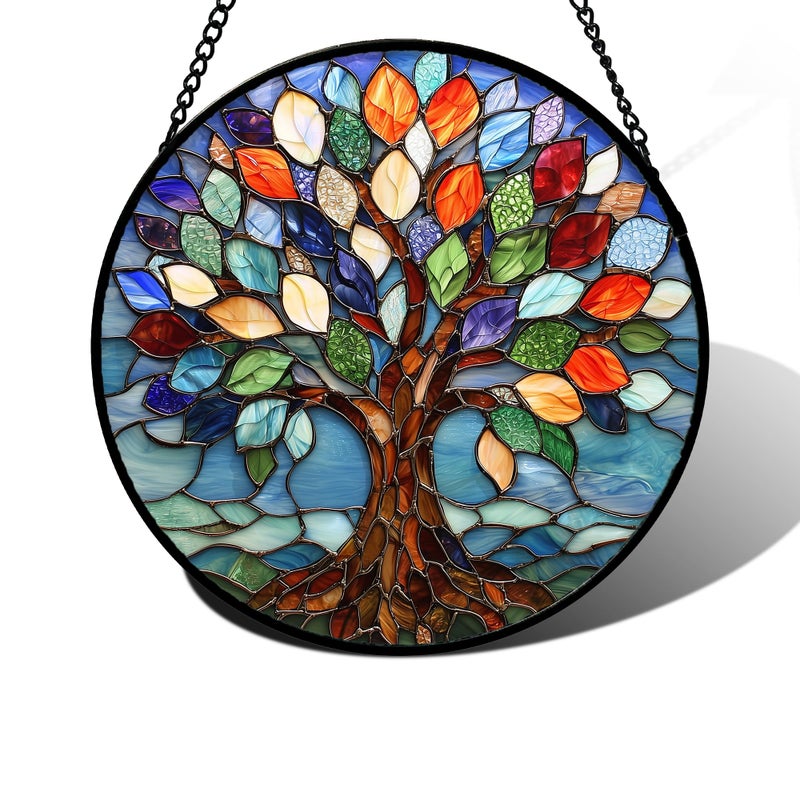 DASTOLL Stained Glass Window Hanging, Colorful Tree of Life Sun Catchers Glass Panel Blue Suncatcher Decor for Birthday for Women, Men, Wife, Aunt, and Mom 6.3 in - Image 1