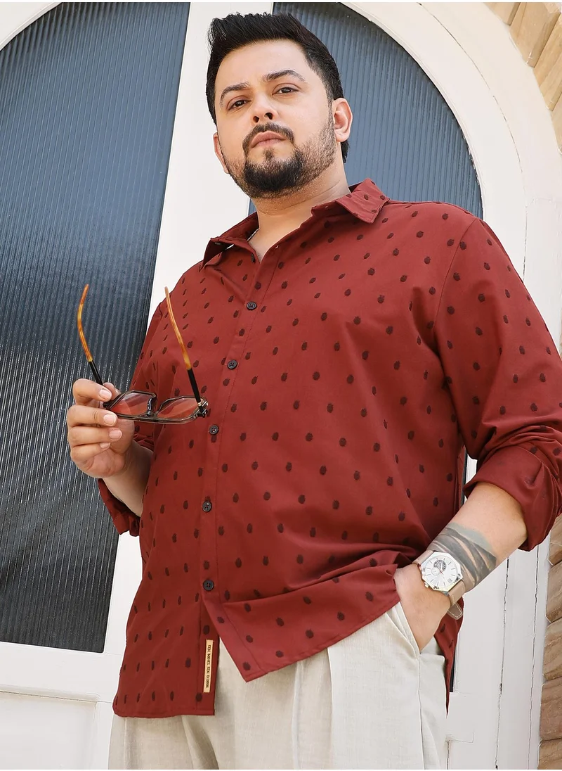 انستافاب بلس Instafab Plus Men's Brick Red Polka-Tactile Shirt For Casual Wear | Spread Collar | Long Cuffed Sleeves | Button Closure | Plus Size Shirt Crafted With Comfort Fit For Everyday Wear