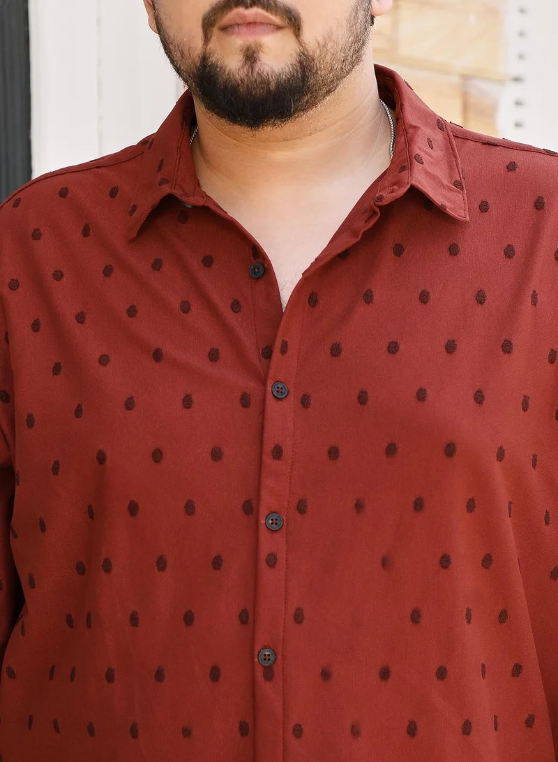 Instafab Plus Instafab Plus Men's Brick Red Polka-Tactile Shirt For Casual Wear | Spread Collar | Long Cuffed Sleeves | Button Closure | Plus Size Shirt Crafted With Comfort Fit For Everyday Wear