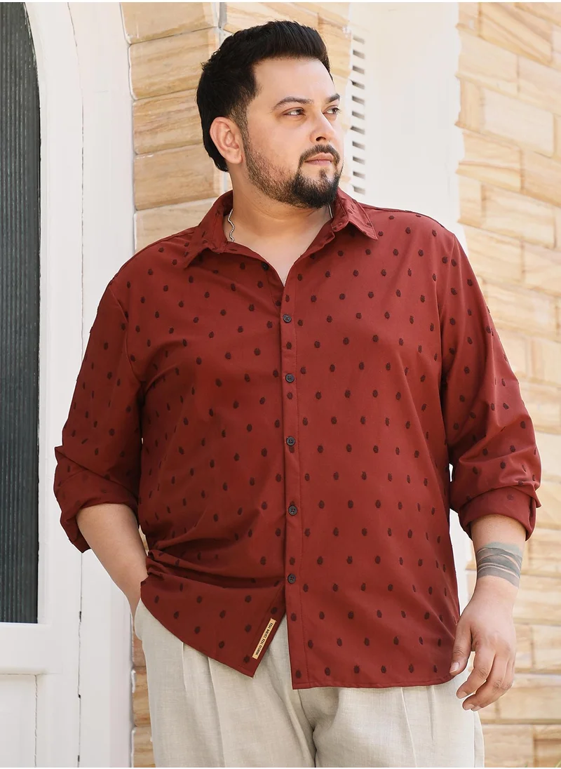 انستافاب بلس Instafab Plus Men's Brick Red Polka-Tactile Shirt For Casual Wear | Spread Collar | Long Cuffed Sleeves | Button Closure | Plus Size Shirt Crafted With Comfort Fit For Everyday Wear