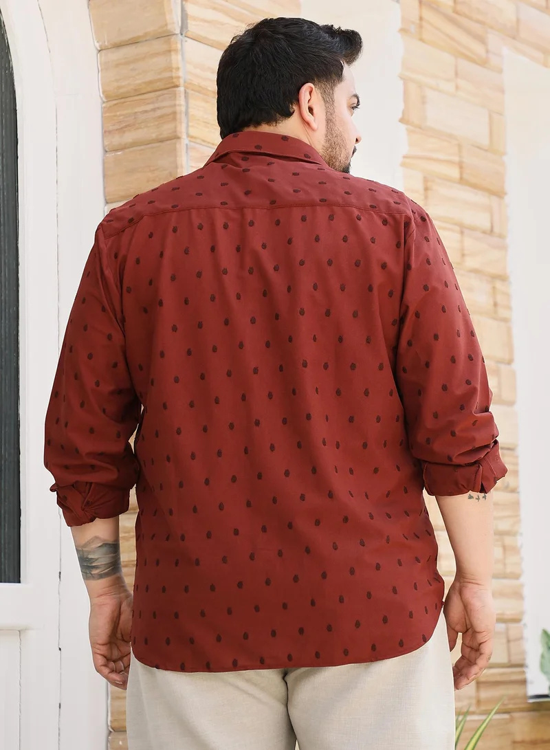 Instafab Plus Instafab Plus Men's Brick Red Polka-Tactile Shirt For Casual Wear | Spread Collar | Long Cuffed Sleeves | Button Closure | Plus Size Shirt Crafted With Comfort Fit For Everyday Wear