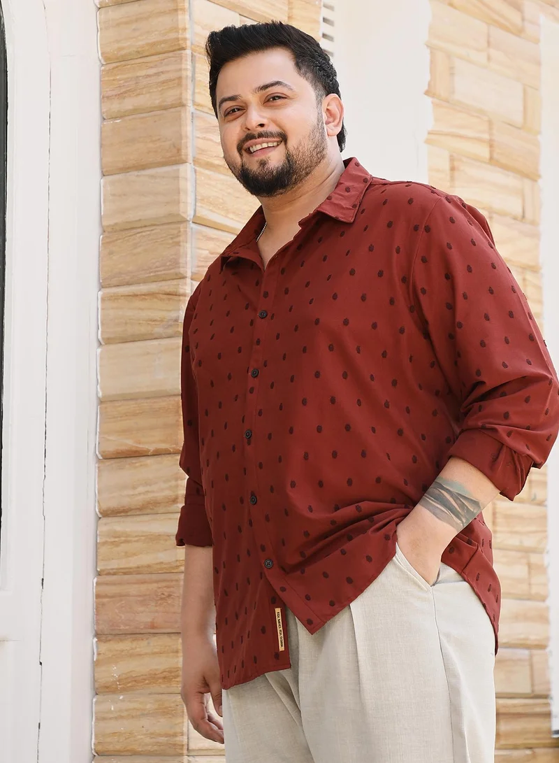 Instafab Plus Instafab Plus Men's Brick Red Polka-Tactile Shirt For Casual Wear | Spread Collar | Long Cuffed Sleeves | Button Closure | Plus Size Shirt Crafted With Comfort Fit For Everyday Wear