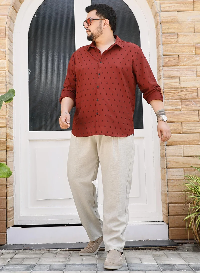 Instafab Plus Instafab Plus Men's Brick Red Polka-Tactile Shirt For Casual Wear | Spread Collar | Long Cuffed Sleeves | Button Closure | Plus Size Shirt Crafted With Comfort Fit For Everyday Wear