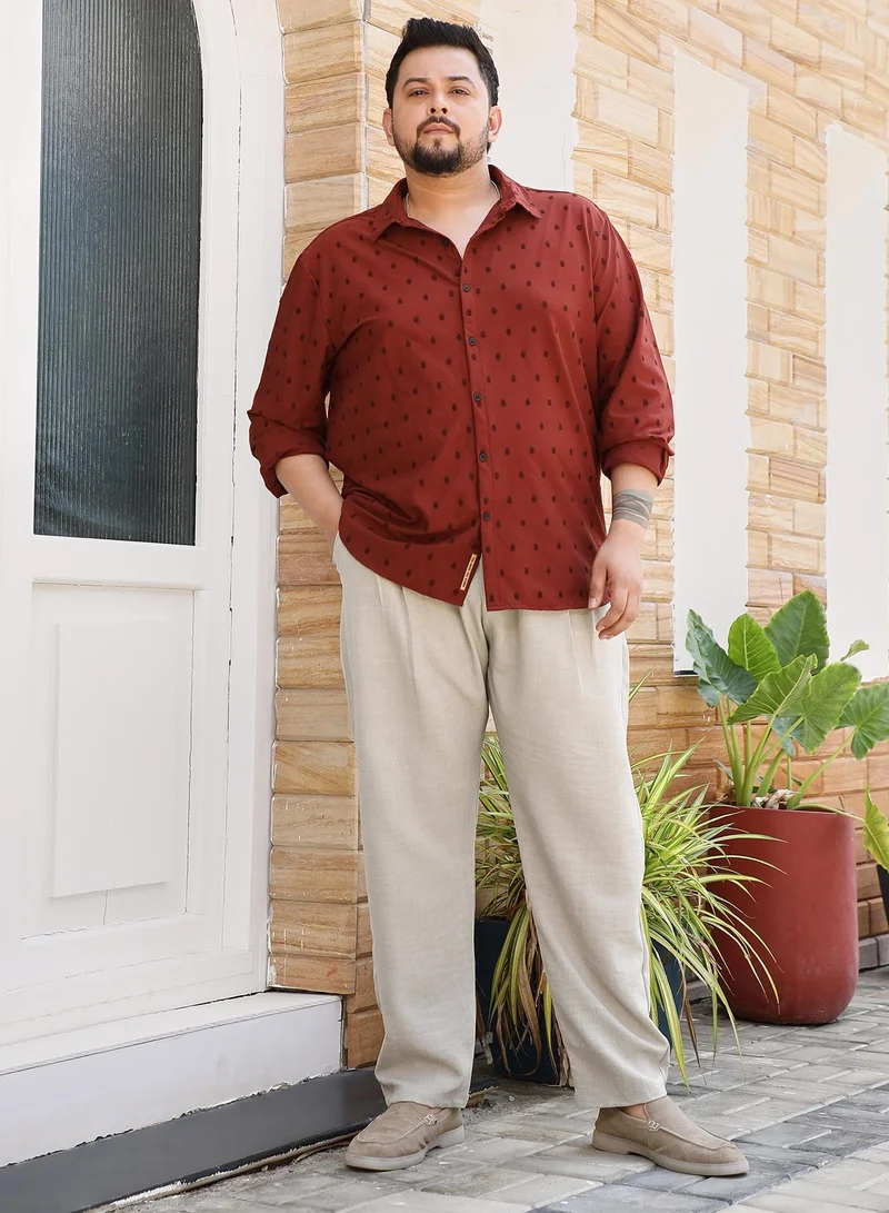 Instafab Plus Instafab Plus Men's Brick Red Polka-Tactile Shirt For Casual Wear | Spread Collar | Long Cuffed Sleeves | Button Closure | Plus Size Shirt Crafted With Comfort Fit For Everyday Wear