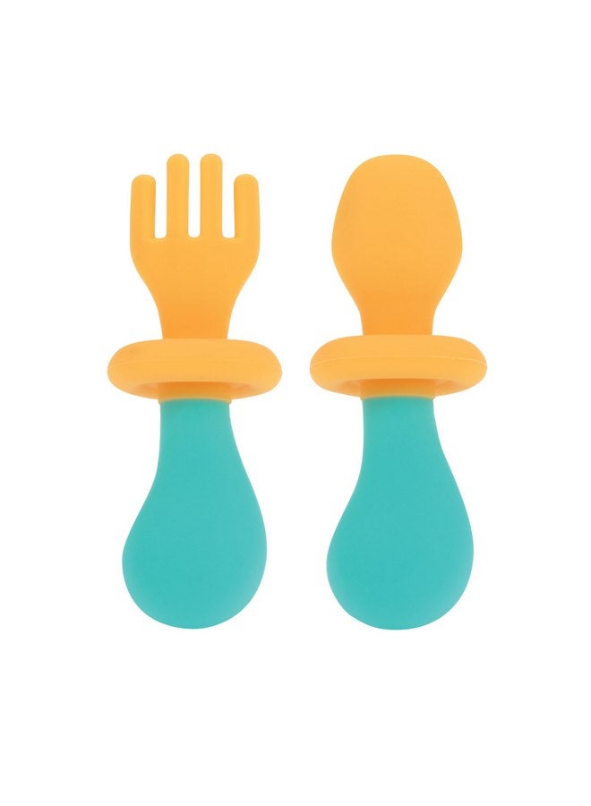 نوبي مجموعة الشوكة والملعقة الأولى من نوبي - أدوات مائدة مع واقيات أمان للأطفال بعمر 6 أشهر فما فوق - برتقالي وأزرق مائي - Image 3