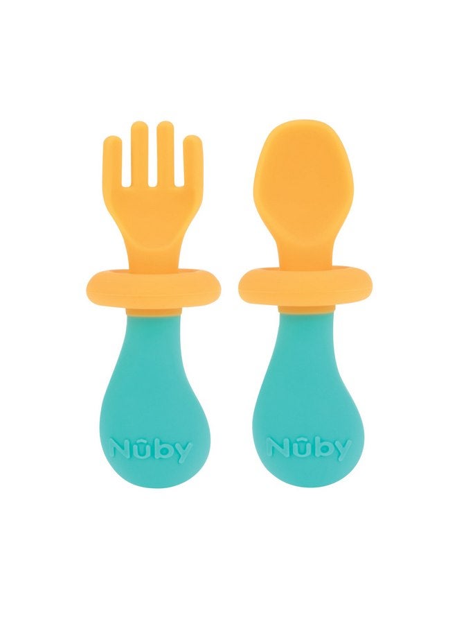 نوبي مجموعة الشوكة والملعقة الأولى من نوبي - أدوات مائدة مع واقيات أمان للأطفال بعمر 6 أشهر فما فوق - برتقالي وأزرق مائي - Image 1