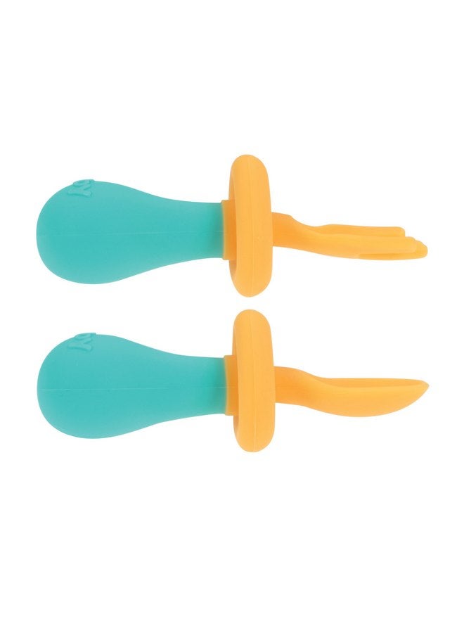 نوبي مجموعة الشوكة والملعقة الأولى من نوبي - أدوات مائدة مع واقيات أمان للأطفال بعمر 6 أشهر فما فوق - برتقالي وأزرق مائي - Image 2