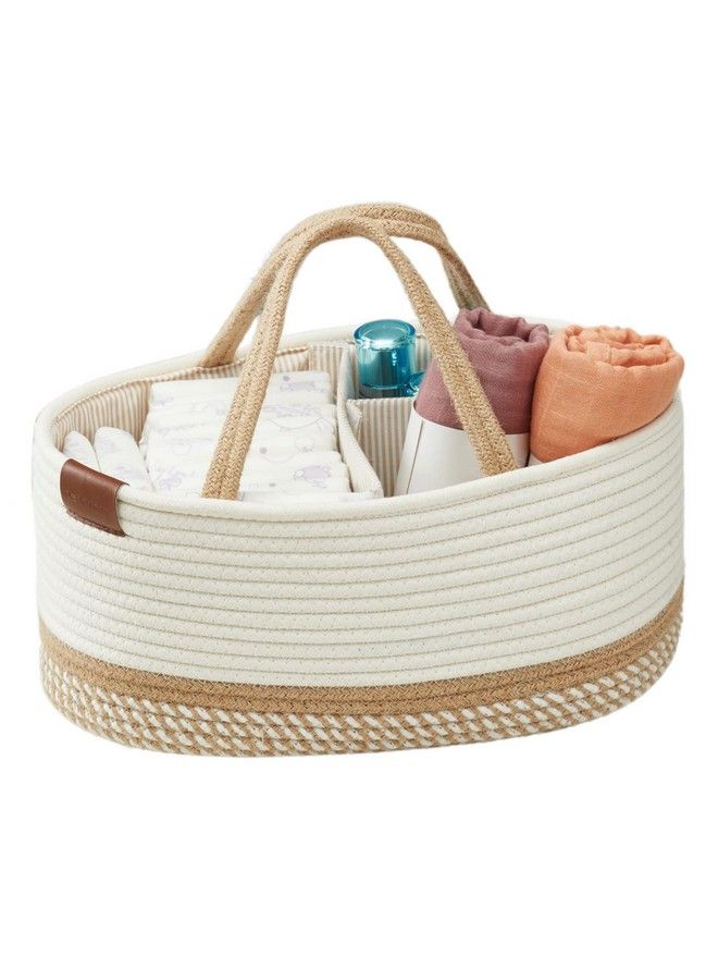 DECOMOMO Diaper Caddy Organizer ; Baby Basket Diaper Organizer For Changing Table Newborn Baby Gifts For Boys Girl (Spiral Beige & White Large) - Image 1