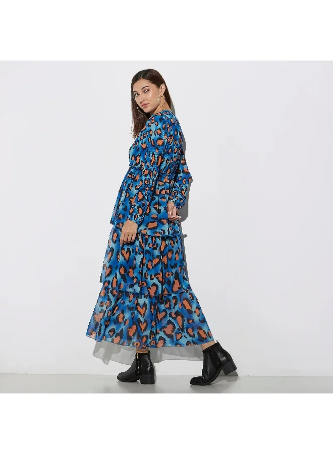 2Xtremz 2Xtremz Printed Maxi Tiered Dress with Round Neck and Long Sleeves