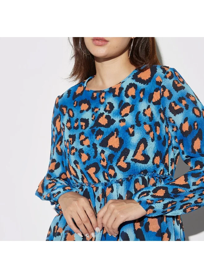 2Xtremz 2Xtremz Printed Maxi Tiered Dress with Round Neck and Long Sleeves