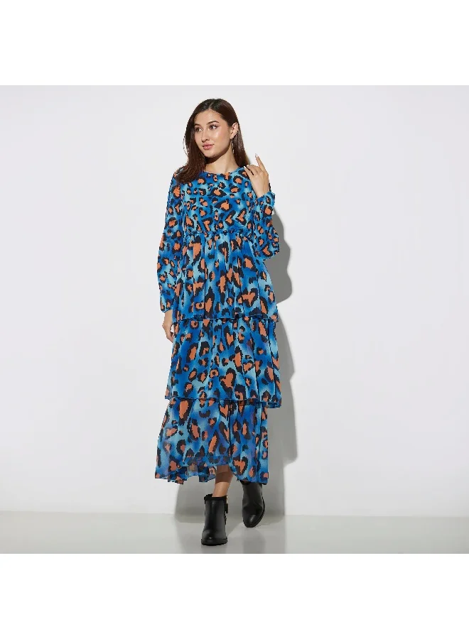 2Xtremz 2Xtremz Printed Maxi Tiered Dress with Round Neck and Long Sleeves