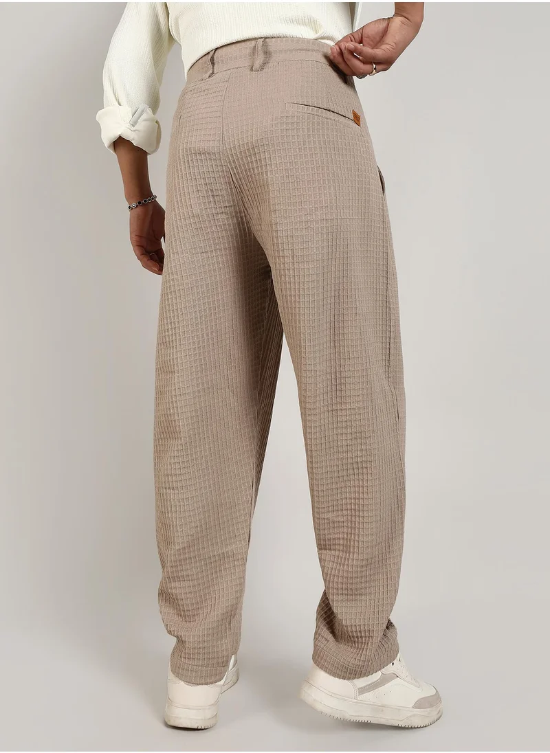 Campus Sutra Men's Beige Textured Graph Check Trousers