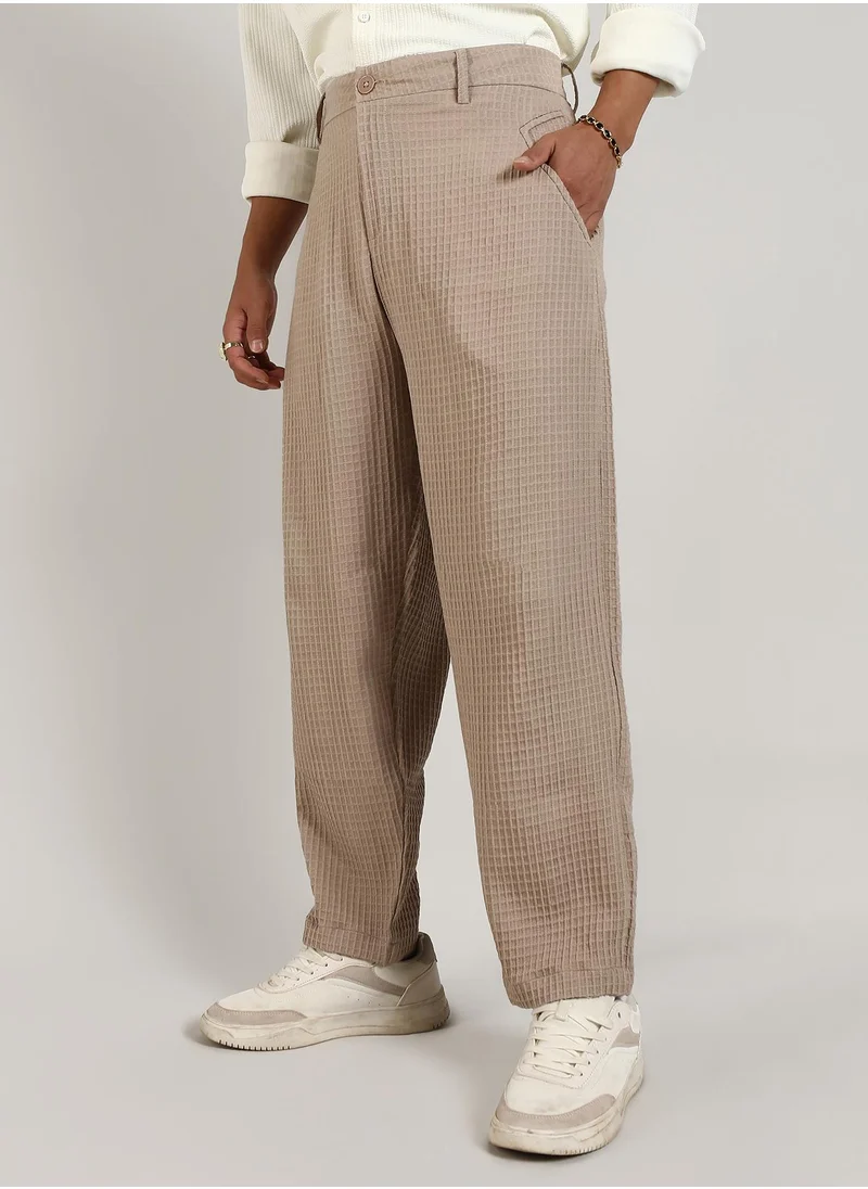 Campus Sutra Men's Beige Textured Graph Check Trousers