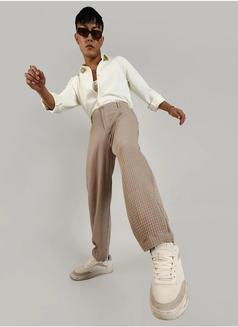 Campus Sutra Men's Beige Textured Graph Check Trousers