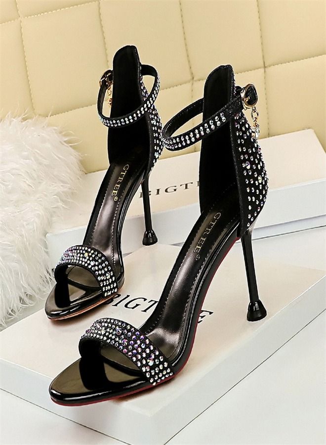 BIGTREE Rhinestone Slotted High-Heeled Sandals 8.5CM Black