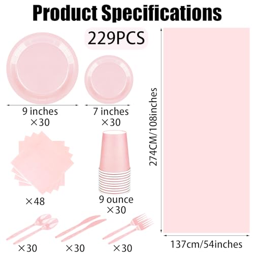 TWOWYHI 229PCS Pink Party Supplies Set Paper Disposable Plates Cups Plastic Spoons Forks Knives Pink Napkins for 30 Guests Disposable Party Dinnerware Sets for Wedding Birthday Parties - Image 2