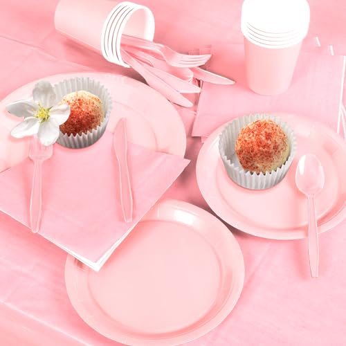 TWOWYHI 229PCS Pink Party Supplies Set Paper Disposable Plates Cups Plastic Spoons Forks Knives Pink Napkins for 30 Guests Disposable Party Dinnerware Sets for Wedding Birthday Parties - Image 4