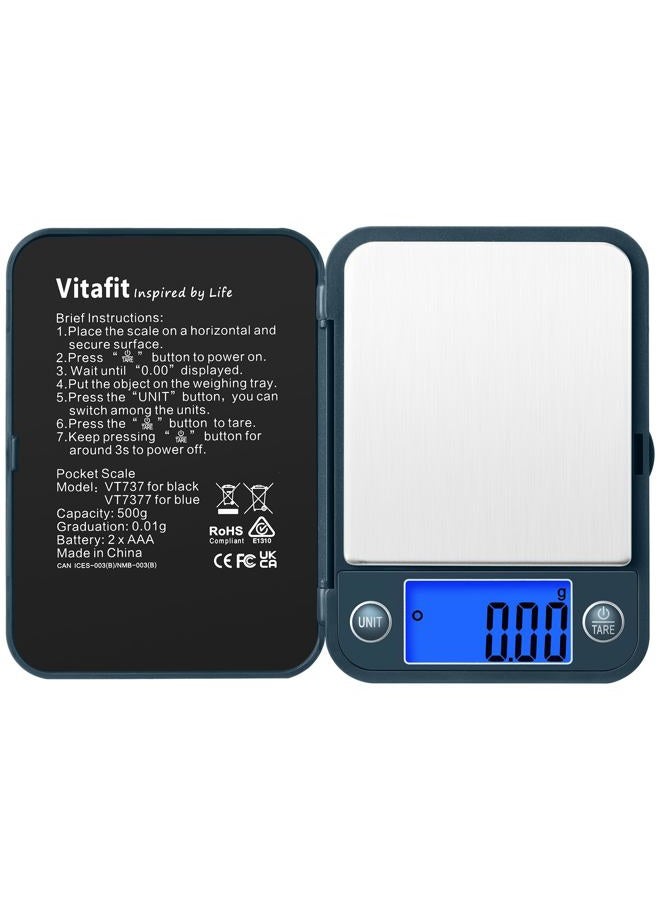 Vitafit 500g Digital Pocket Scale,High Accuracy Assured by Scale Professional Factory Since 2001, Gram Scale 0.01g for Multifunction: Lab,Food, Kitchen,Coffee,Jewelry; Blue - Image 1