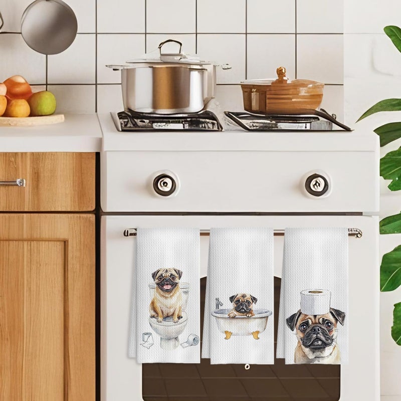 HUGANE Pug Decor Kitchen Towels, Set of 3, 16x24 Inch, Cotton, Rustic, Absorbent & Quick-Drying, Multi-Purpose, Gift Idea - Image 4