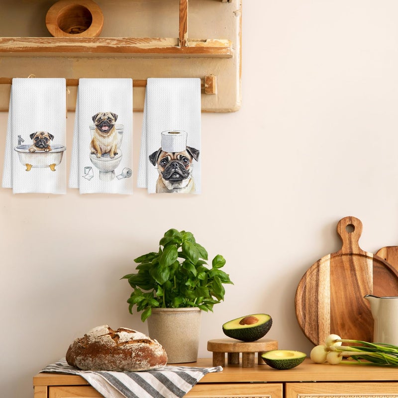 HUGANE Pug Decor Kitchen Towels, Set of 3, 16x24 Inch, Cotton, Rustic, Absorbent & Quick-Drying, Multi-Purpose, Gift Idea - Image 3