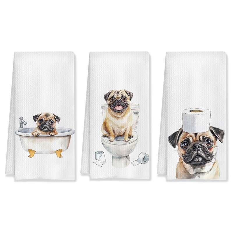 HUGANE Pug Decor Kitchen Towels, Set of 3, 16x24 Inch, Cotton, Rustic, Absorbent & Quick-Drying, Multi-Purpose, Gift Idea - Image 1