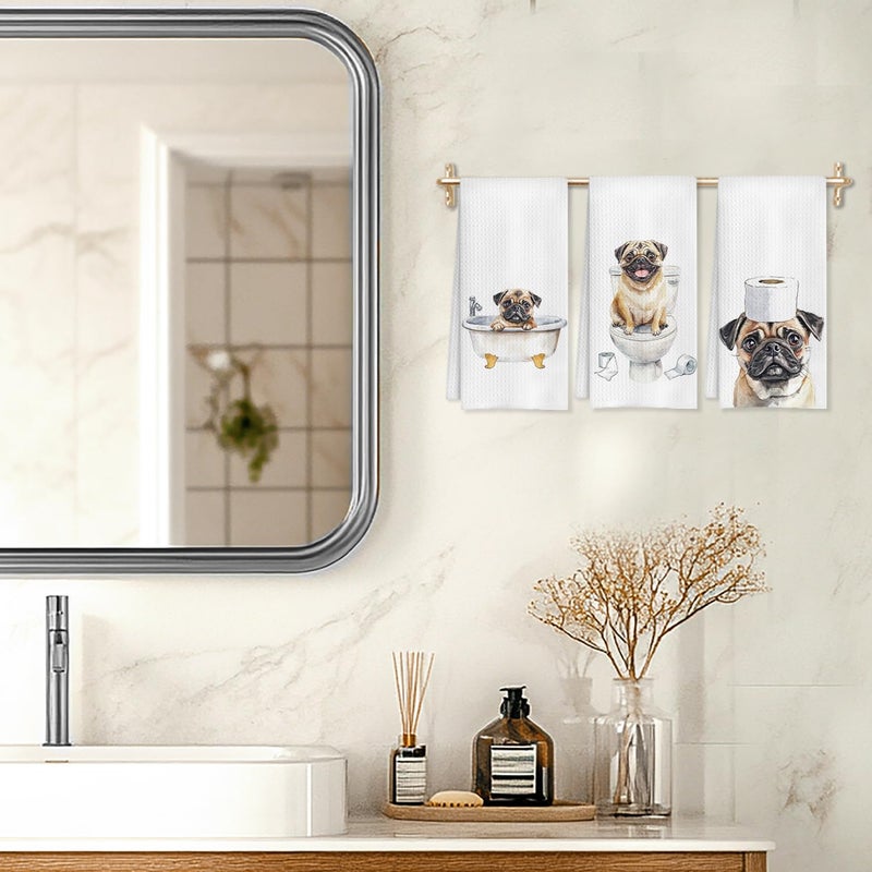 HUGANE Pug Decor Kitchen Towels, Set of 3, 16x24 Inch, Cotton, Rustic, Absorbent & Quick-Drying, Multi-Purpose, Gift Idea - Image 5