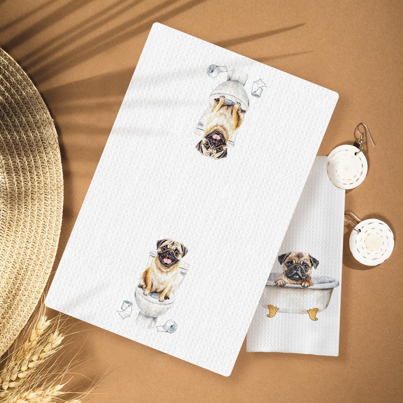 HUGANE Pug Decor Kitchen Towels, Set of 3, 16x24 Inch, Cotton, Rustic, Absorbent & Quick-Drying, Multi-Purpose, Gift Idea - Image 2