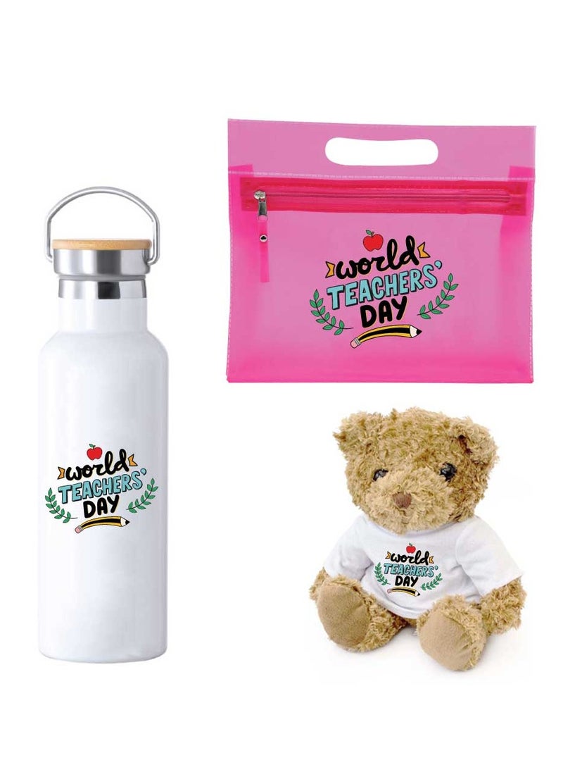 PRINTSHOP4ME - Teacher's Day Pack of 3 Combo Pack - Stainless Steel Bamboo Cap Flask Bottle 600ml, Pink Cosmetic Bag and Teddy Bear - Teacher's Day Gift Set - Gift for World Teachers Day - Image 1