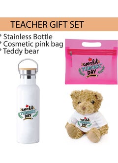 PRINTSHOP4ME Teacher's Day Pack of 3 Combo Pack - Stainless Steel Bamboo Cap Flask Bottle 600ml, Pink Cosmetic Bag and Teddy Bear - Teacher's Day Gift Set - Gift for World Teachers Day  - Image 2