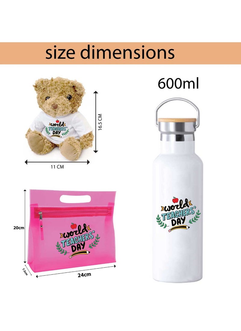 PRINTSHOP4ME - Teacher's Day Pack of 3 Combo Pack - Stainless Steel Bamboo Cap Flask Bottle 600ml, Pink Cosmetic Bag and Teddy Bear - Teacher's Day Gift Set - Gift for World Teachers Day - Image 1