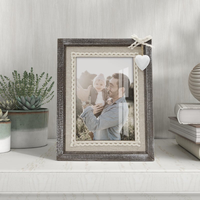 Sapowerntus 5x7 Picture Frames Rustic Wood Farmhouse Cute Heart Love Solid Wooden Family Photo Frame Lace Bow Glass Boho Wall Decor Hanging Tabletop Kids Mom Mother Wedding Gift - Image 2