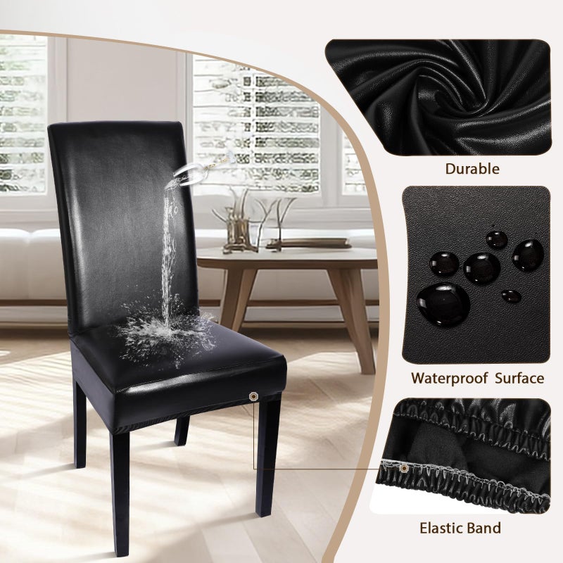 SearchI SearchI Waterproof PU Leather Dining Chair Covers Set of 4  Stretch Oilproof Parsons Chair Slipcovers Removable Washable Kitchen Chair Protector for Dining Room (Black) - Image 3