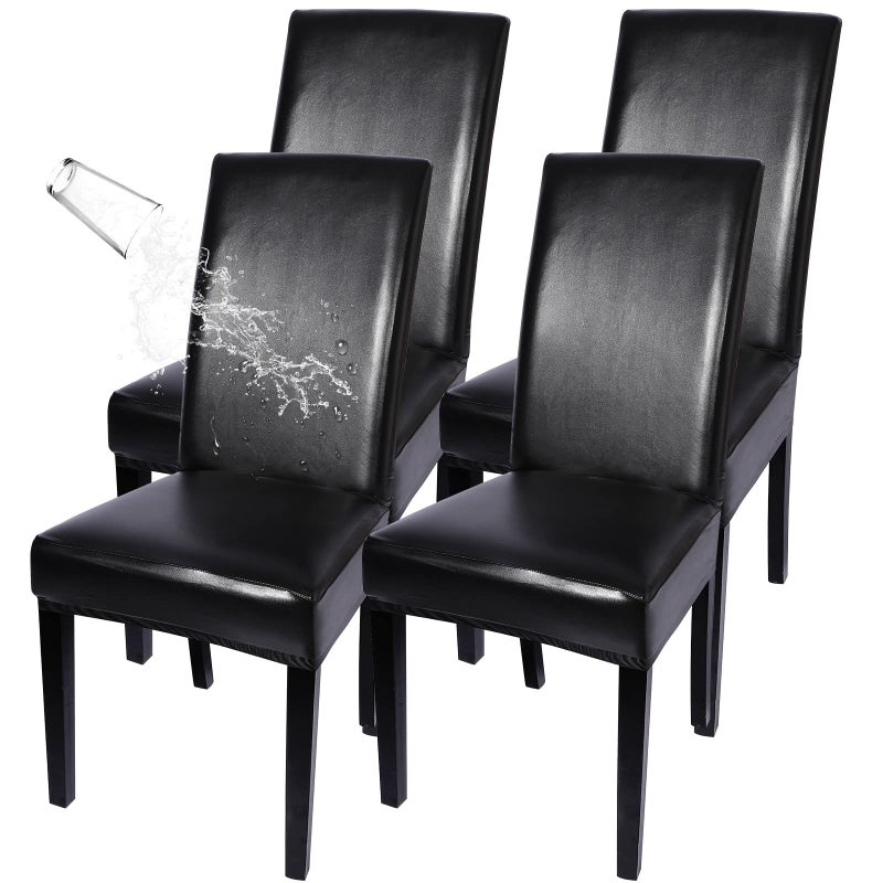 SearchI SearchI Waterproof PU Leather Dining Chair Covers Set of 4  Stretch Oilproof Parsons Chair Slipcovers Removable Washable Kitchen Chair Protector for Dining Room (Black) - Image 1