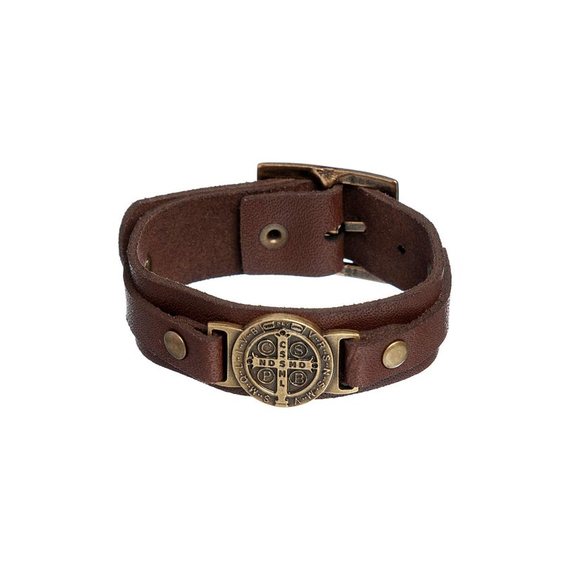Intercession St Benedict Genuine Leather Protection Bracelet - Made in Brazil (Large - Brown) - Image 2
