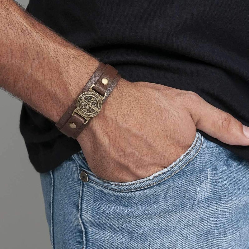 Intercession St Benedict Genuine Leather Protection Bracelet - Made in Brazil (Large - Brown) - Image 4