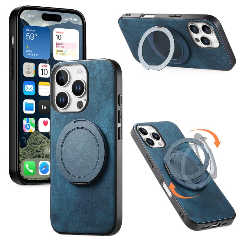 MS Leather Texture MagSafe Case for iPhone 13 with Rotating Magnetic Ring and 360° Kickstand plus Shockproof plus Anti-Fingerprint in Blue - Image 1