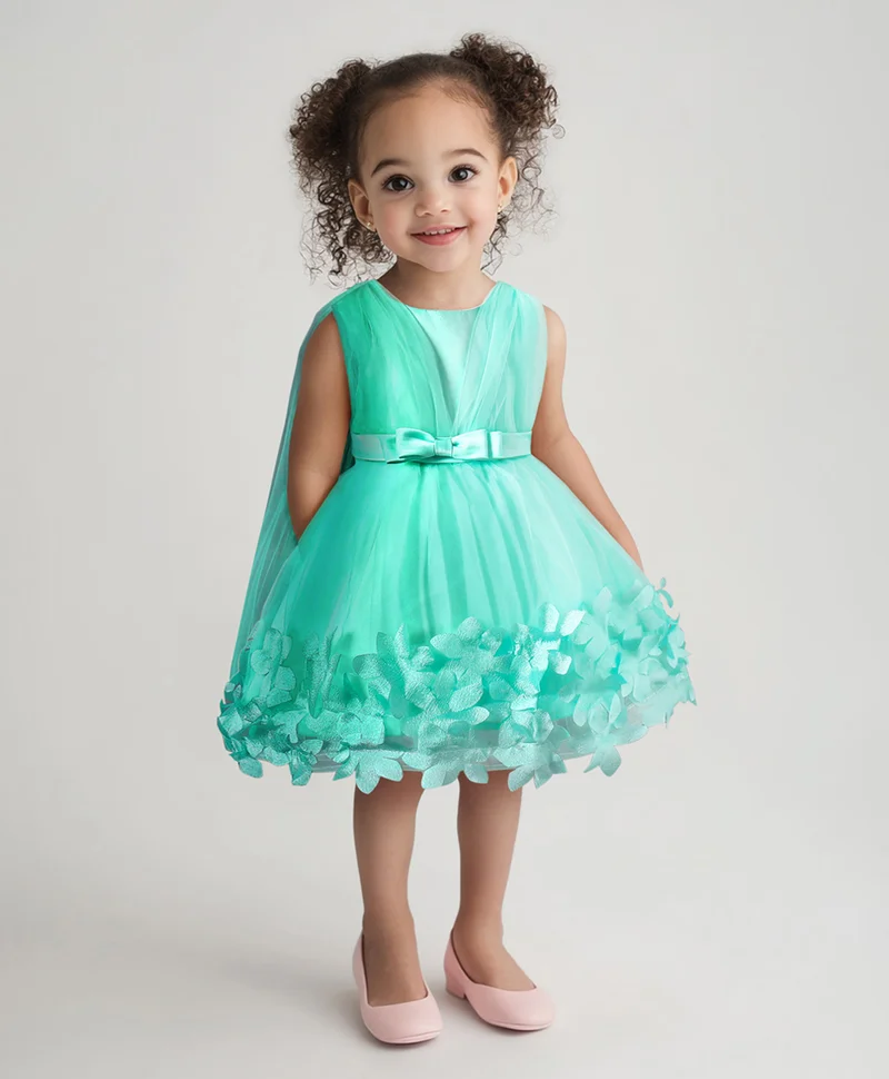 مارك وميا فستان سهرة بأكمام كاملة مزين بفيونكة وتفاصيل زهور ثلاثية الأبعاد - أخضر بحري