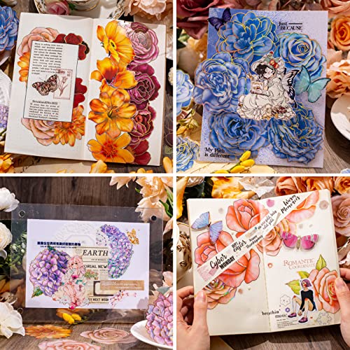 Knaid 80 Pieces Large Size Flower Stickers with Gold Holographic Outlines, Glitter Shiny Floral Waterproof Decorative Decals for Scrapbooking Supplies Junk Journal Bullet Journals Planners - Image 5