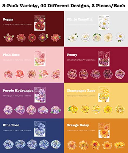 Knaid 80 Pieces Large Size Flower Stickers with Gold Holographic Outlines, Glitter Shiny Floral Waterproof Decorative Decals for Scrapbooking Supplies Junk Journal Bullet Journals Planners - Image 3