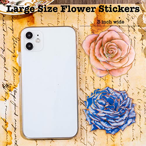 Knaid 80 Pieces Large Size Flower Stickers with Gold Holographic Outlines, Glitter Shiny Floral Waterproof Decorative Decals for Scrapbooking Supplies Junk Journal Bullet Journals Planners - Image 4