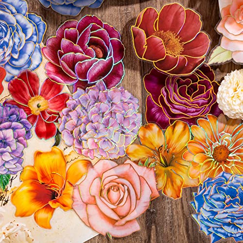 Knaid 80 Pieces Large Size Flower Stickers with Gold Holographic Outlines, Glitter Shiny Floral Waterproof Decorative Decals for Scrapbooking Supplies Junk Journal Bullet Journals Planners - Image 1