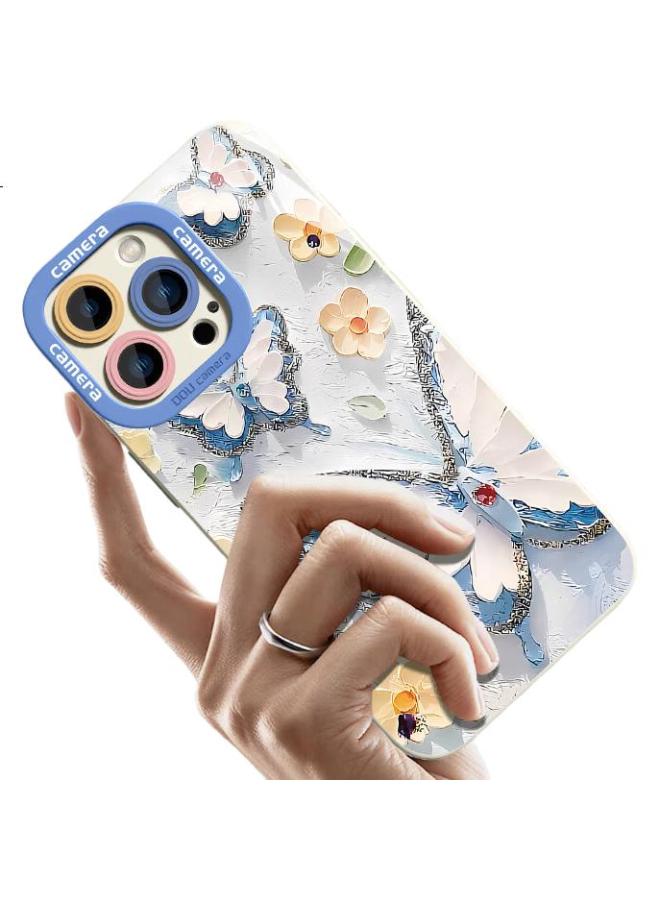 Xp Iphone 16 Pro Case With Full Coverage Lens, Apple 16 Pro Soft Silicone Case With Heat Dissipation, Cartoon Girls Anti-Drop Protective Cover With High-End Feel - Antique White Blue Butterfly Flowers - Image 1