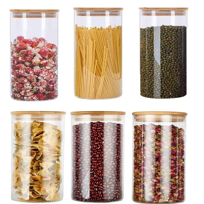 1050ML GLASS FOOD STORAGE JARS CONTAINERS GLASS STORAGE JAR WITH AIRTIGHT BAMBOO LIDS SET OF 6 KITCHEN GLASS CANISTERS FOR COFFEE FLOUR SUGAR CANDY COOKIE SPICE AND MORE CLEAR